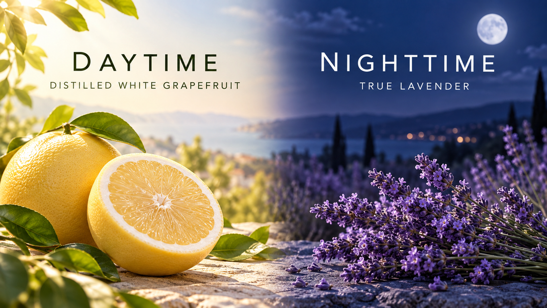 Distilled white grapefruit for daytime and True Lavender for a nighttime aroma routine